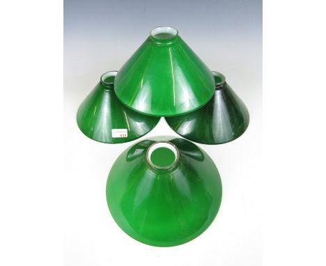Four vintage green overlaid glass shallow conical pendant lamp shades