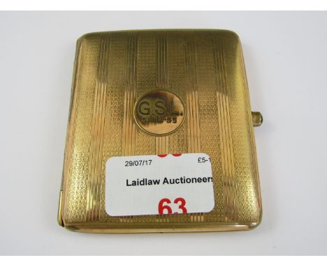A 1930s gentleman's rolled gold cigarette case with blue glass cabochon button, having engine turned decoration and a monogra