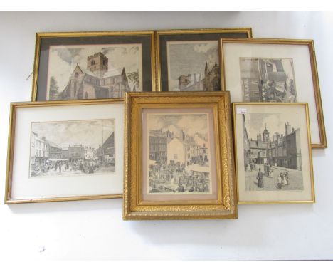 After K Robinson, six historic street scene prints depicting Carlisle, framed and mounted under glass