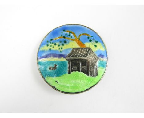 A vintage white metal basse-taille enamelled Chinoiserie brooch, 14.4g