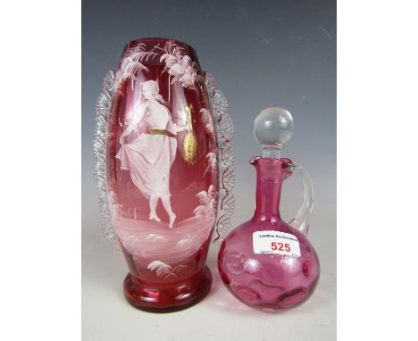 A Mary Gregory style enamelled ruby glass vase together with a small cranberry glass cruet