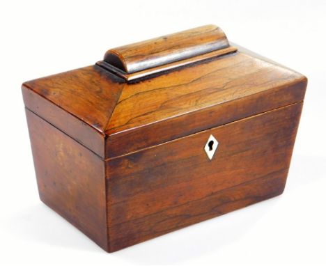A mid 19thC rosewood tea caddy, of sarcophagus form, the hinged lid revealing a fitted interior, 17cm H, 21cm W, 13cm D.