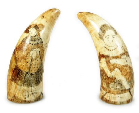 A pair of early 19thC whale tooth scrimshaw, the first depicting a girl in flowing robes wearing necklace, the second showing