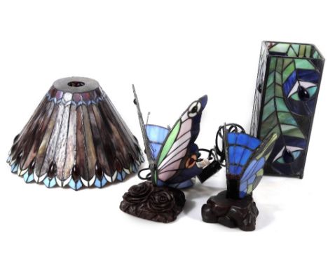 *Various as new lamps, etc., Tiffany style butterfly lamp, 24cm H, shade, etc.  (4)