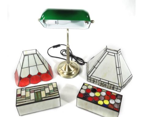 *Various as new lamps, club style table lamp with green shade, 47cm H, Tiffany style caskets, etc.  (5)