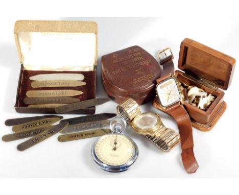 Jewellery, collectables, etc., collar studs and box, further jewellery casket, 7cm W, Hanhart stopwatch, Timex quartz wristwa