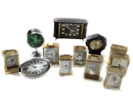 Various vintage retro and other mantel clocks, a Ferranti Art Deco Bakelite cased example, 15cm H, Waterford crystal carriage