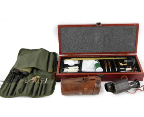 20thC Dollond army related single sight binoculars, in leather case, 15cm H, other army kit, cased gun cleaning set, etc.  (a