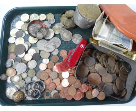 Various coins banknotes, bygones collectables, etc., Swiss Army knife with various blades, 9cm W, various GB low denomination