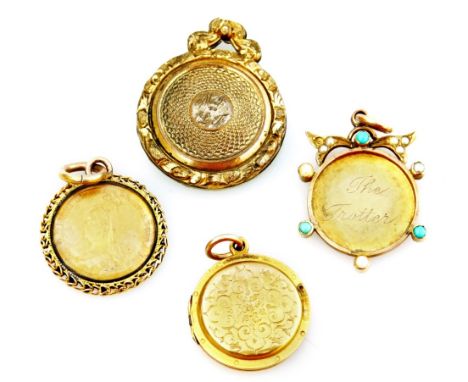 Four various pendants, to include a Victorian gilt metal memorial pendant, marked to rear shield MJ to LJ, a Victorian three 