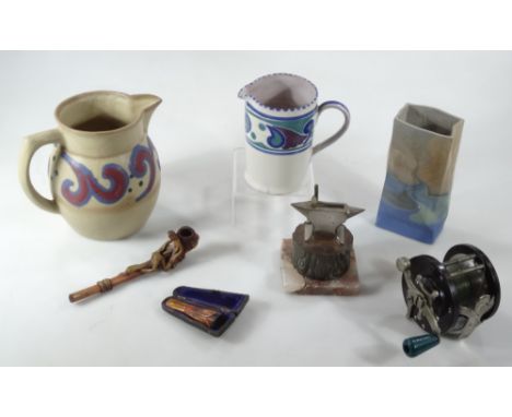 An erotic pipe, 17cm W, cheroot holder, Carter Stabler &amp; Adams jug, French studio vase and jug, a miniature anvil and a P