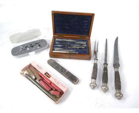 Various bygones, collectables, etc., seal and wax set, partially boxed, 21cm W, carving set, boxed geometry instruments, airb