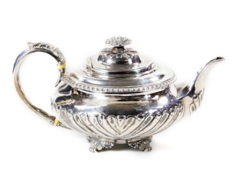 A George IV silver teapot, by Pierce and Burrows, of melon form, partially gadrooned with compressed knop, acanthus leaf hand