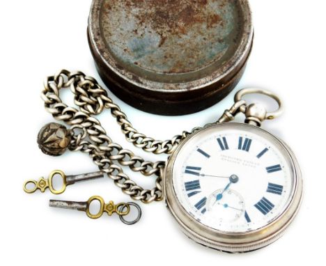 A silver pocket watch and chain, the watch with 4cm dia. face marked English Lever, with Roman numeric dial in a part engine 