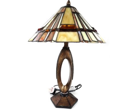 *An as new table lamp, with Tiffany design Deco style shade, predominately in purple and orange, 63cm H.