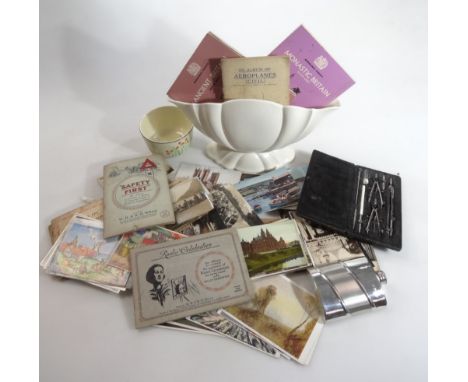 Various ephemera, postcards, early 20thC and other, pictorial cards, cigarette cards, part geometry set, 12cm H, other books,