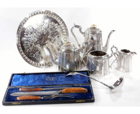 Various silver plated wares, cased carving set, bright cut five piece service, comprising of a tray, coffee pot, 25cm H, teap