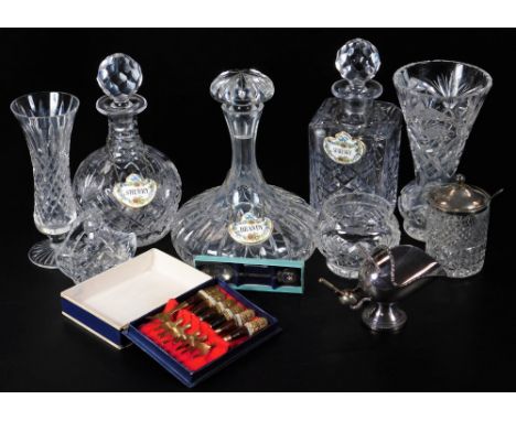 A Royal Doulton crystal decanter, of square shouldered form, hobnail cut, with an orb stopper, 26cm H, a ship's decanter, var