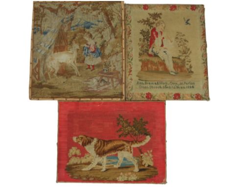 19thC School.  Figure of a girl feeding fawn, tapestry, 52cm x 47cm, another of a Setter and a 19thC sampler tapestry signed 