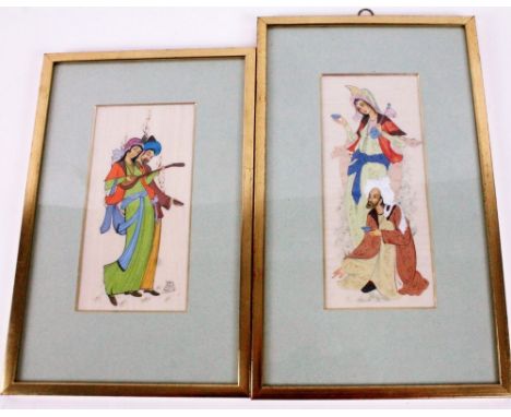 M Momsuri (Iranian 20thC).  Male and female figures in traditional costume, mixed media,  a matched pair of portrait miniatur