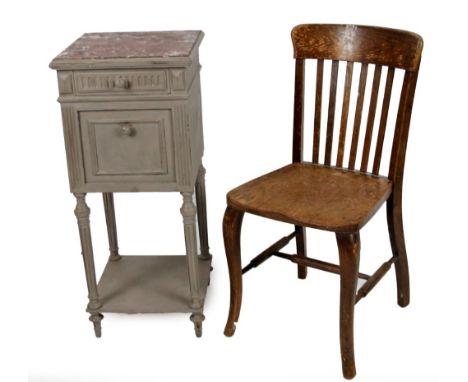 A mid 19thC French commode, with marble top, carved frieze drawer and hinged fall front cupboard, on turned legs joined by an