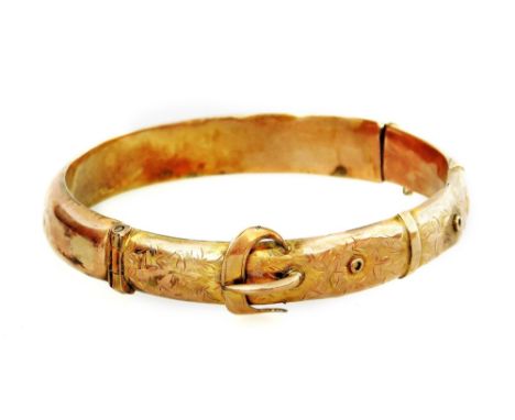 A hinged bangle, with buckle and floral design, safety chain (AF, dented and bent), Apollo design, 13.6g all in.