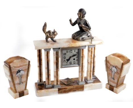A 1930's French Art Deco marble and chrome plated mantel clock garniture, the square 9cm dial with Arabic numerals revealing 