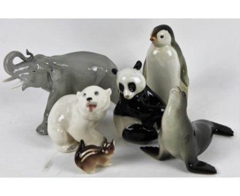 Various USSR Lomonosov and similar figures, to include panda, 13cm H, elephant with trunk raised, penguin, etc.  (6)