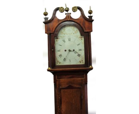 An early 19thC oak and mahogany longcase clock by John Wood, Grantham,  with swan neck pillared hood containing a 30cm W pain