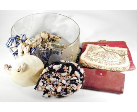 Modern jewellery and evening purses, to include shell necklaces, needlework bag, beaded necklaces, etc. (contained in glass b