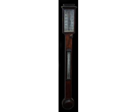 A 19thC mahogany stick barometer, marked Davis Leeds, with two silvered dials, mercury column, ivory knop and shaped case, 93