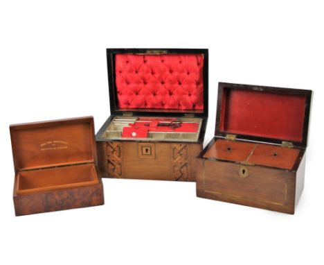 A 19thC Tunbridge domed top sewing box, with a fitted interior , 14cm H, 25cm W, 17cm D, an early 19thC mahogany tea caddy an