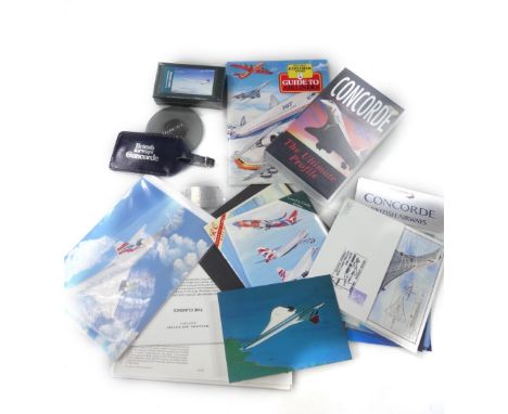 Various Concorde collectables, to include playing cards, video, Rye Concorde spirit label, leather luggage label, photograph 