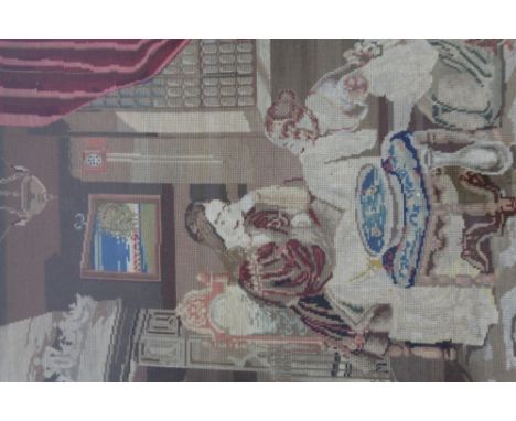 19thC School.  Two ladies in an interior setting, tapestry, 72cm x 54cm.