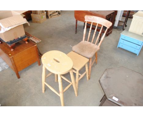 Two painted stools and an elm seated stick back chair