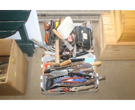 Two boxes of various tools to include digging trowels, spirit levels, scissors, secateurs, hand brace etc.