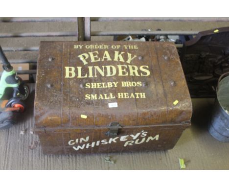 A painted and decorated metal storage trunk for "Peeky Blinders"