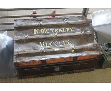 A painted and decorated wooden and metal bound trunk for "K. Metcalfe, Beccles"