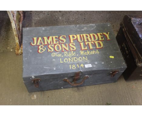 A painted and decorated metal trunk for "James Purdy & Sons Ltd. Gun Rifle Makers of London 1814"