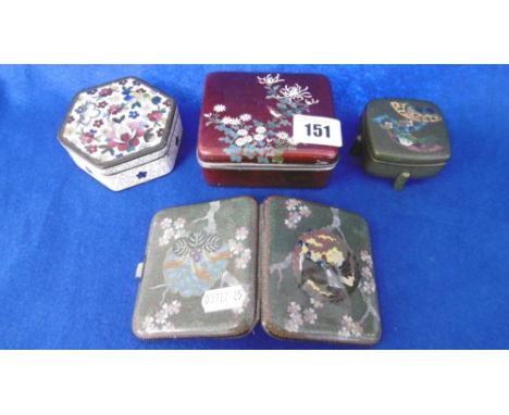 TWO LIDDED ENAMEL BOXES, A CIGARETTE CASE AND ONE OTHER