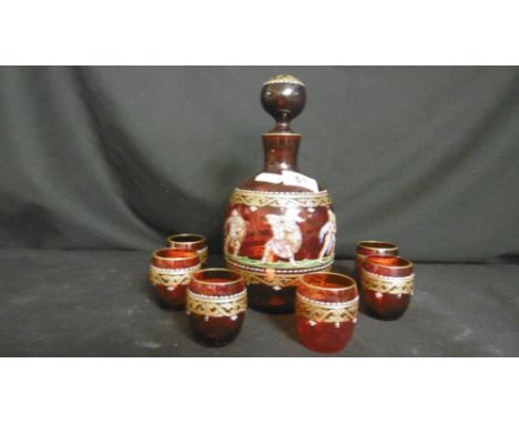 A HAND PAINTED VENETIAN RED GLASS DECANTER AND SIX GLASSES