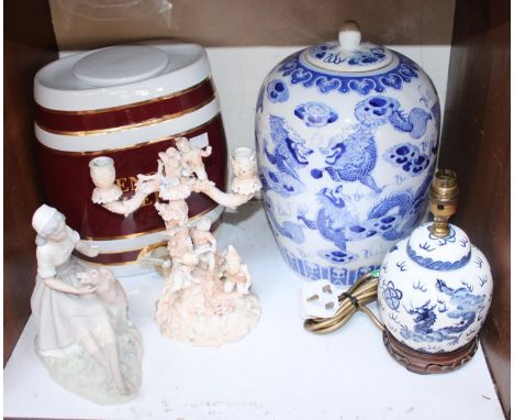 SECTION 16.  A large ceramic Mendoza Sherry barrel together with a large blue and white ginger jar, a smaller ginger jar conv