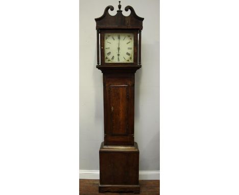 An 18th century 30-hour longcase clock, by J. Mallett, Barnstaple, oak case with swan-neck pediment, Doric columns, trunk wit