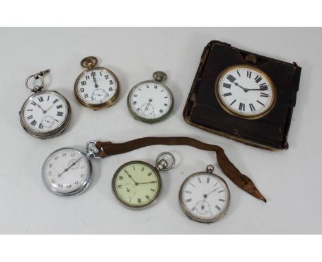 Six various pocket watches including one with engraved broad arrow, together with a leather cased travelling clock 