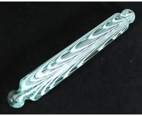 A Victorian Nailsea style glass rolling pin with opaque white swirled design, approx. 40cm long 