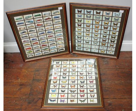 Three framed and glazed cigarette card sets, comprising Butterflies and motorcars, each set with 50 cards (3) 