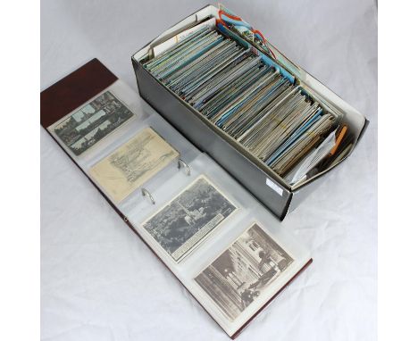 Collection of postcards, including a ring-binder with Isle of Man real photograph postcard of Velocette rider with crowd, alu