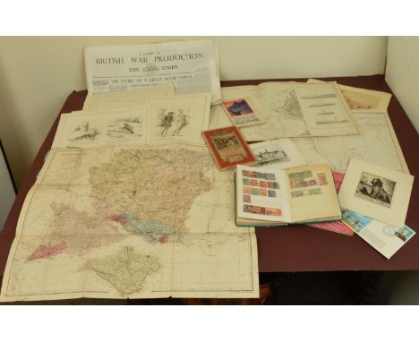 An antique hand coloured map of Hampshire, together with an L.C.C. Tramways map dated 1931, plus an album of postage stamps a