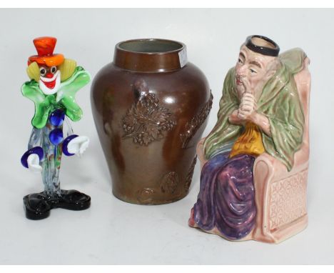 A Melba Ware figural jug modelled as 'Shylock', together with a Murano glass clown and vase 