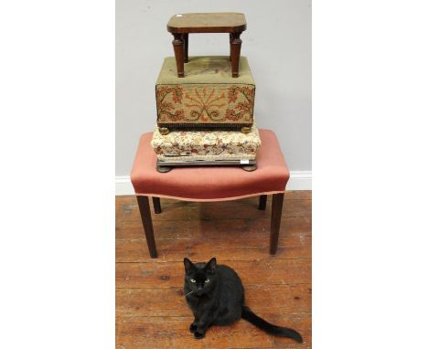 A piano stool with pink velour upholstery, together with a low bedside cabinet, small stool and three various footstools (6) 